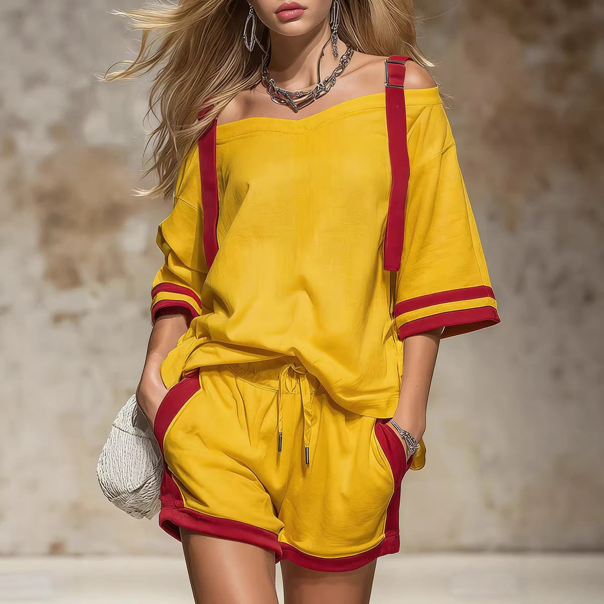 Women's Contrast Color-Block Shorts Set Two-Piece Casual Outfit