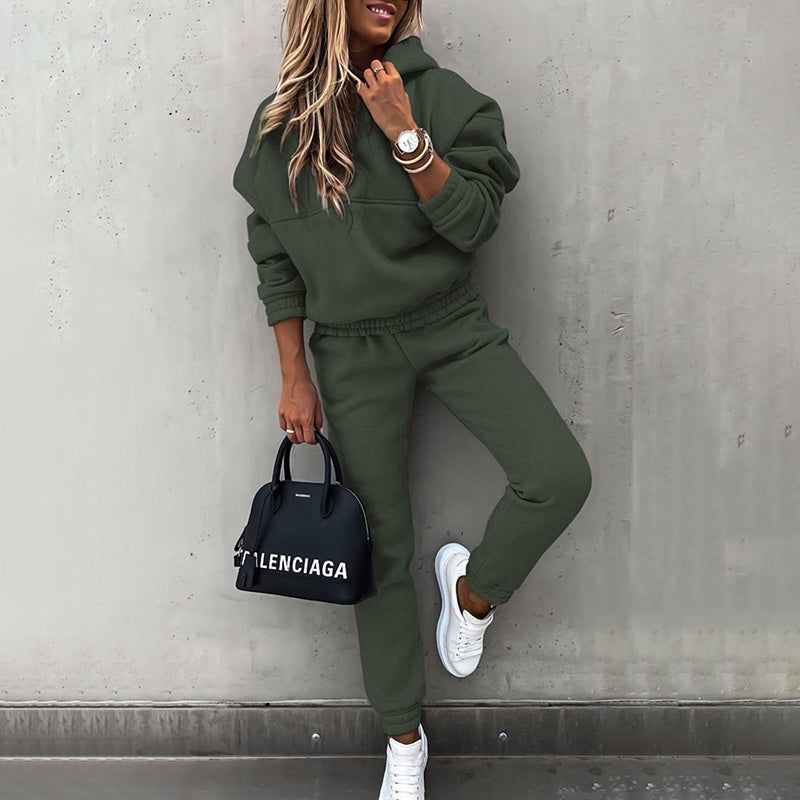 Women's Solid Color Hooded Sweatshirt and Slim Jogger Set - Image 12