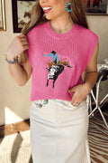 White Western Cowboy Embroidery Sleeveless Round Neck Sweater