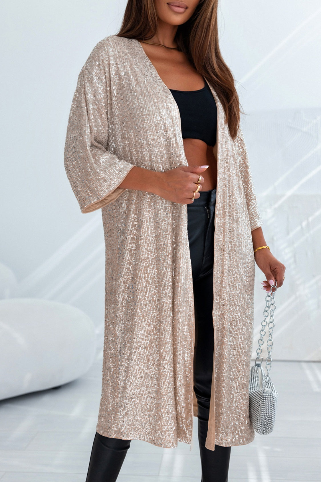 Sequin Open Front Duster Cardigan | Sheer Sparkle