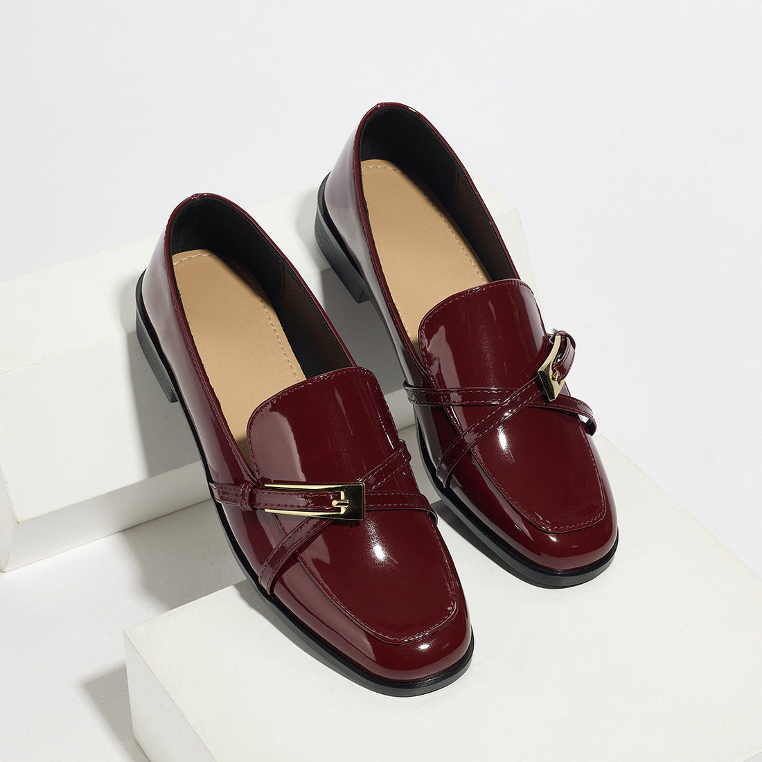 Women's Glossy Patent Leather Square Toe Loafers with Buckle