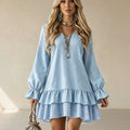 Women's V-Neck Ruffle Sleeve Plaid Patchwork Mini Dress