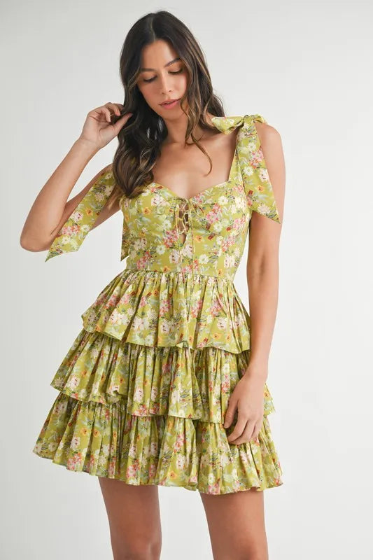 Floral Print Layered Mini Dress with Adjustable Shoulder Ties