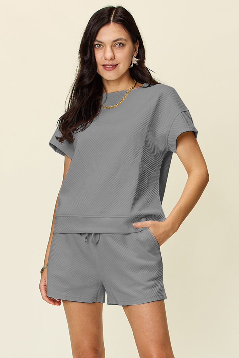 White Textured Drawstring Shorts and Relaxed Tee Lounge Set - Image 33