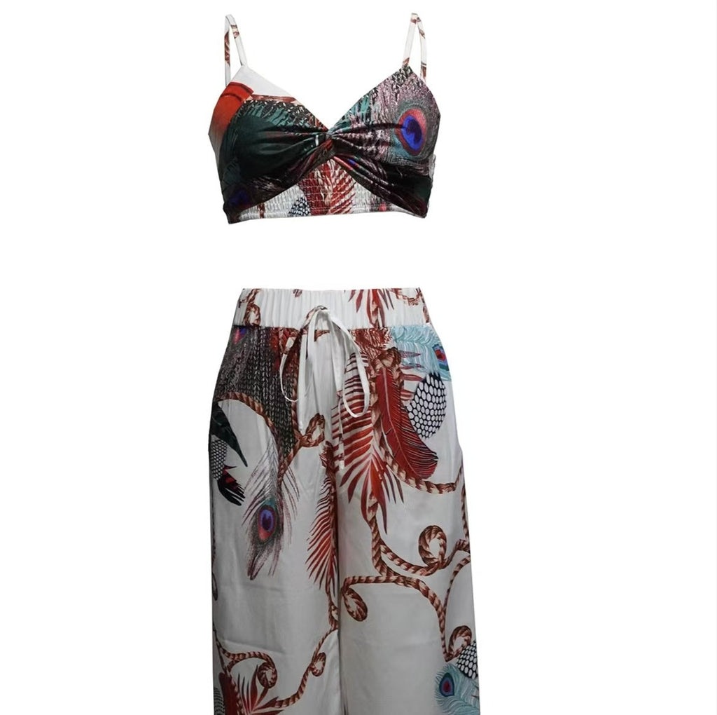 Women Feather Print Crop Top and Wide Leg Pants Vacation Set - Image 2