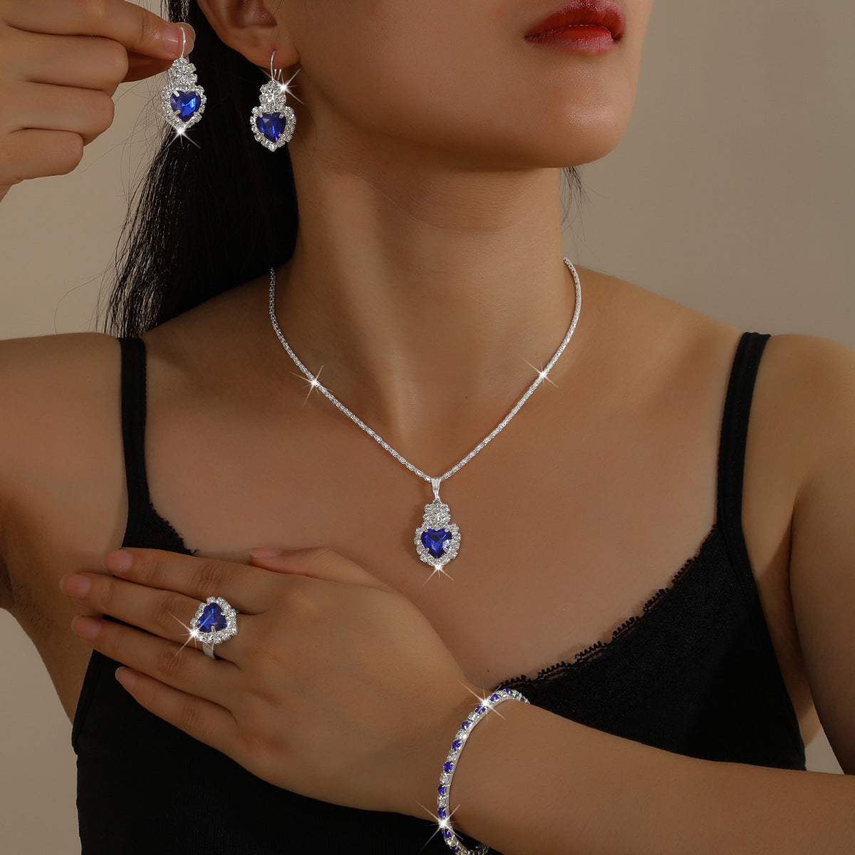 European And American Wholesale Four-Piece Set Of Diamond-Encrusted New Heart-Shaped Water Drop Rhinestone Necklace Earrings Ring Four-Piece Set For Women Cross-Border