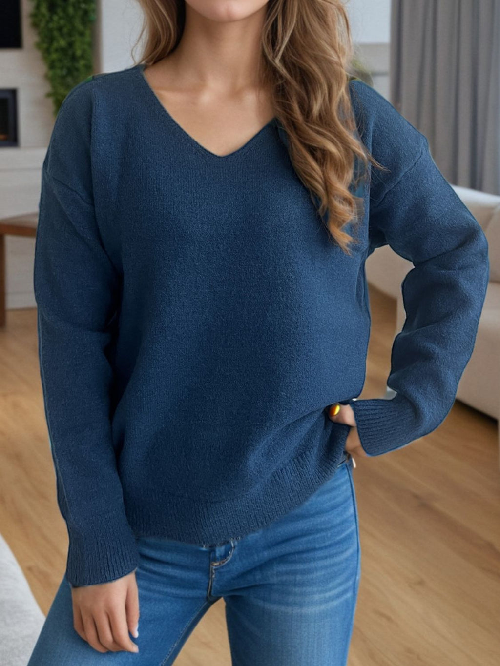 Women's V-Neck Dropped Shoulder Long Sleeve Knit Sweater - Image 5