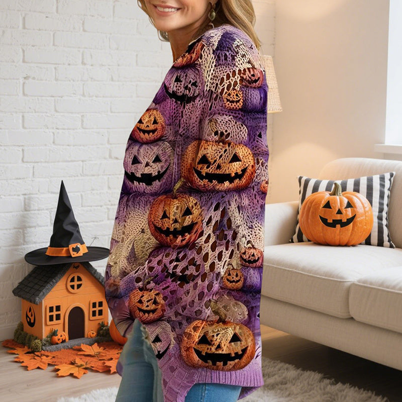 Women’s Halloween Pumpkin Print Batwing Sweater Loose Knit Top