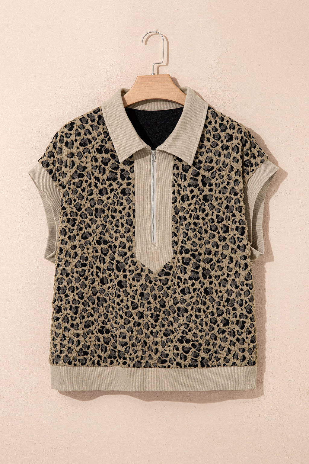 Veda Collar Cuffed Sleeve V-Neck Top in Beige and Black