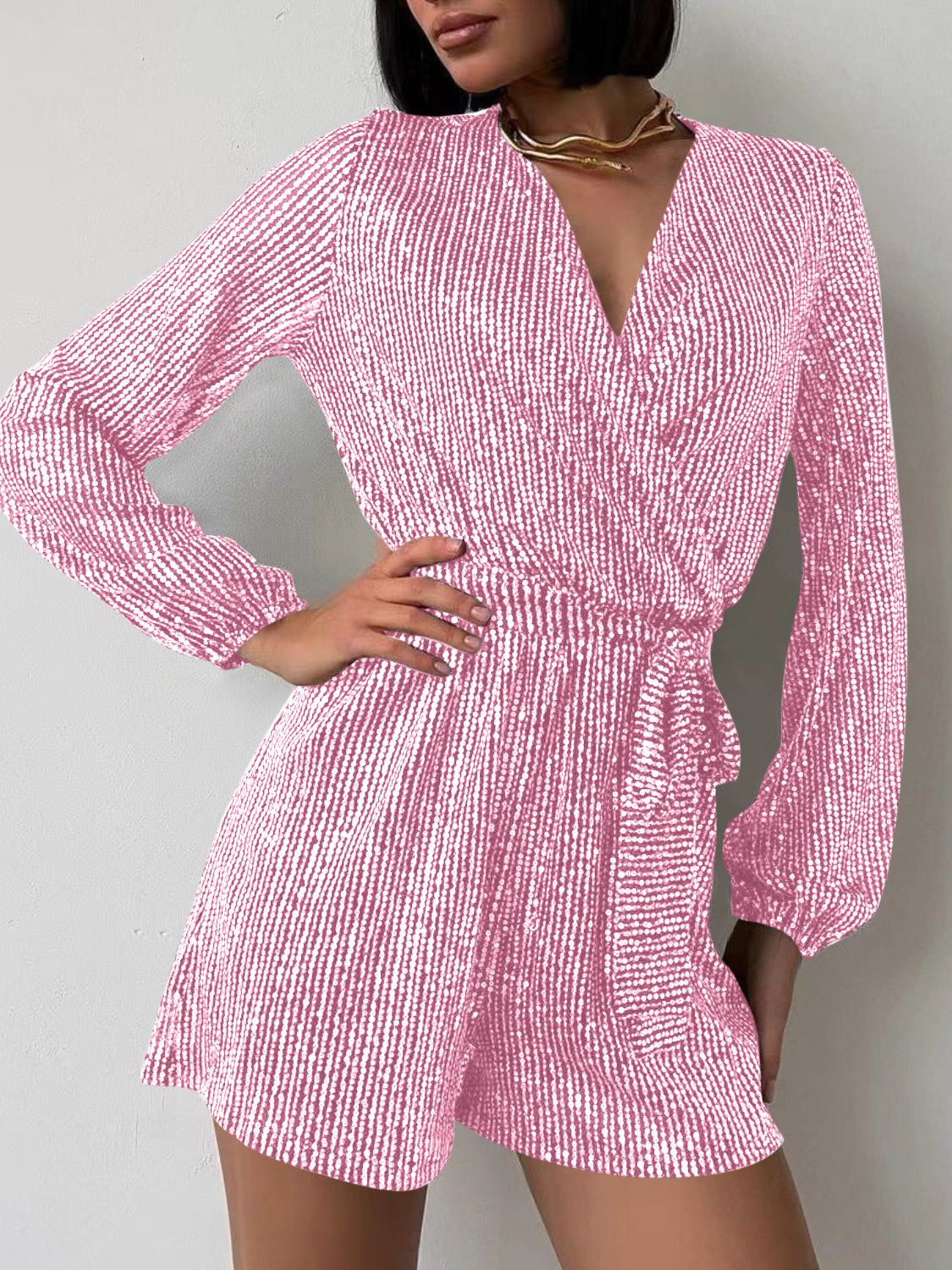 Sequin Surplice Tie Waist Long Sleeve Mini Romper