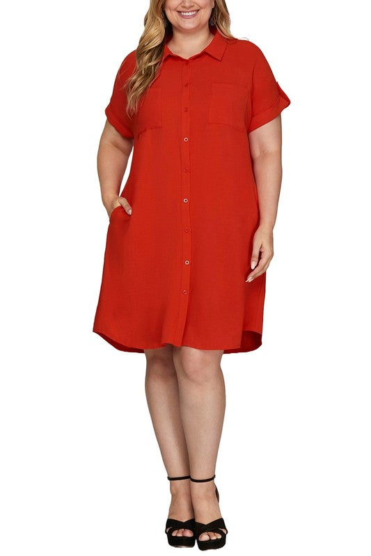 Deep Red Button-Down Shirt Dress with Short Sleeves