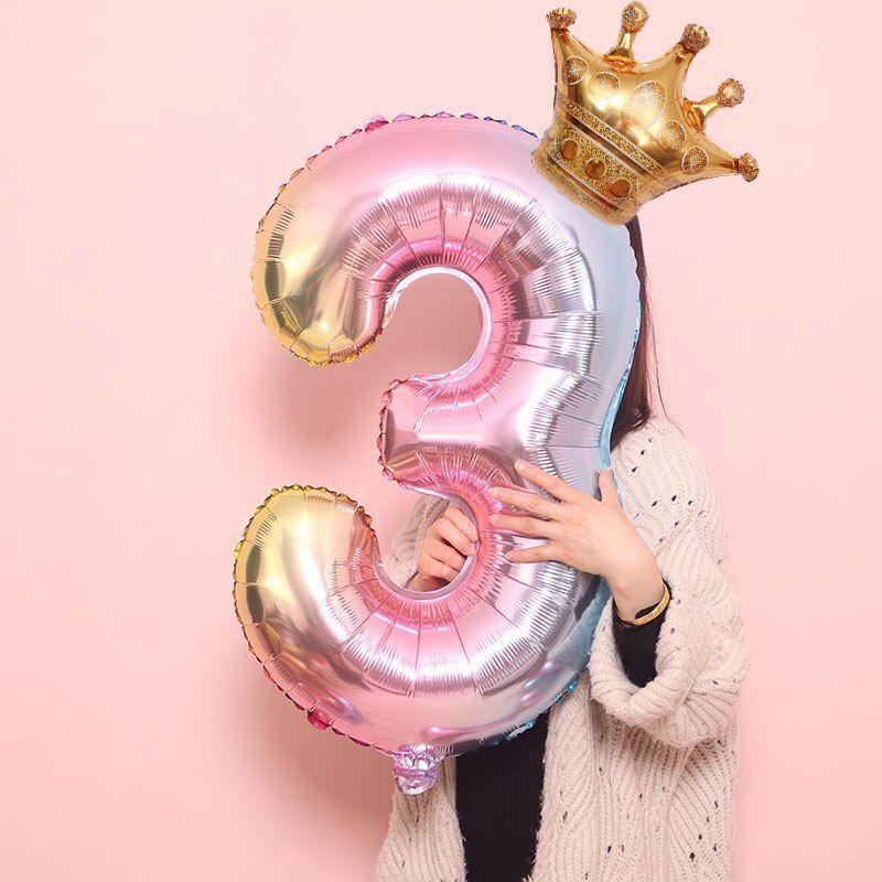 32-Inch Gradient Rainbow Number Balloon with Crown for Birthdays