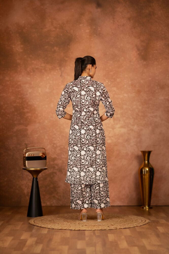 Black Floral Hand Block Printed Cotton Kurta and Pant Set