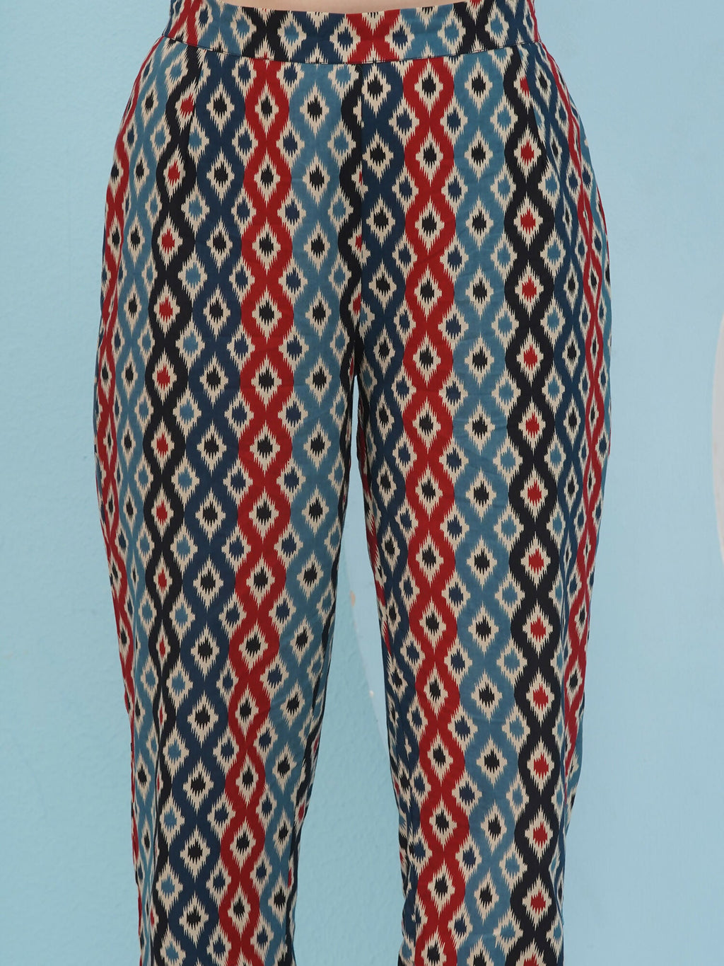 Blue Red Ikkat Print Cotton Kaftan Set for Women