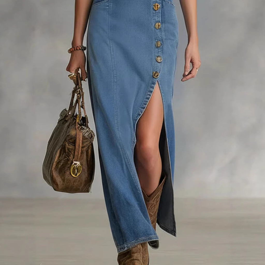Sleeveless Button-Front Denim Maxi Dress in Vintage Blue - Image 2