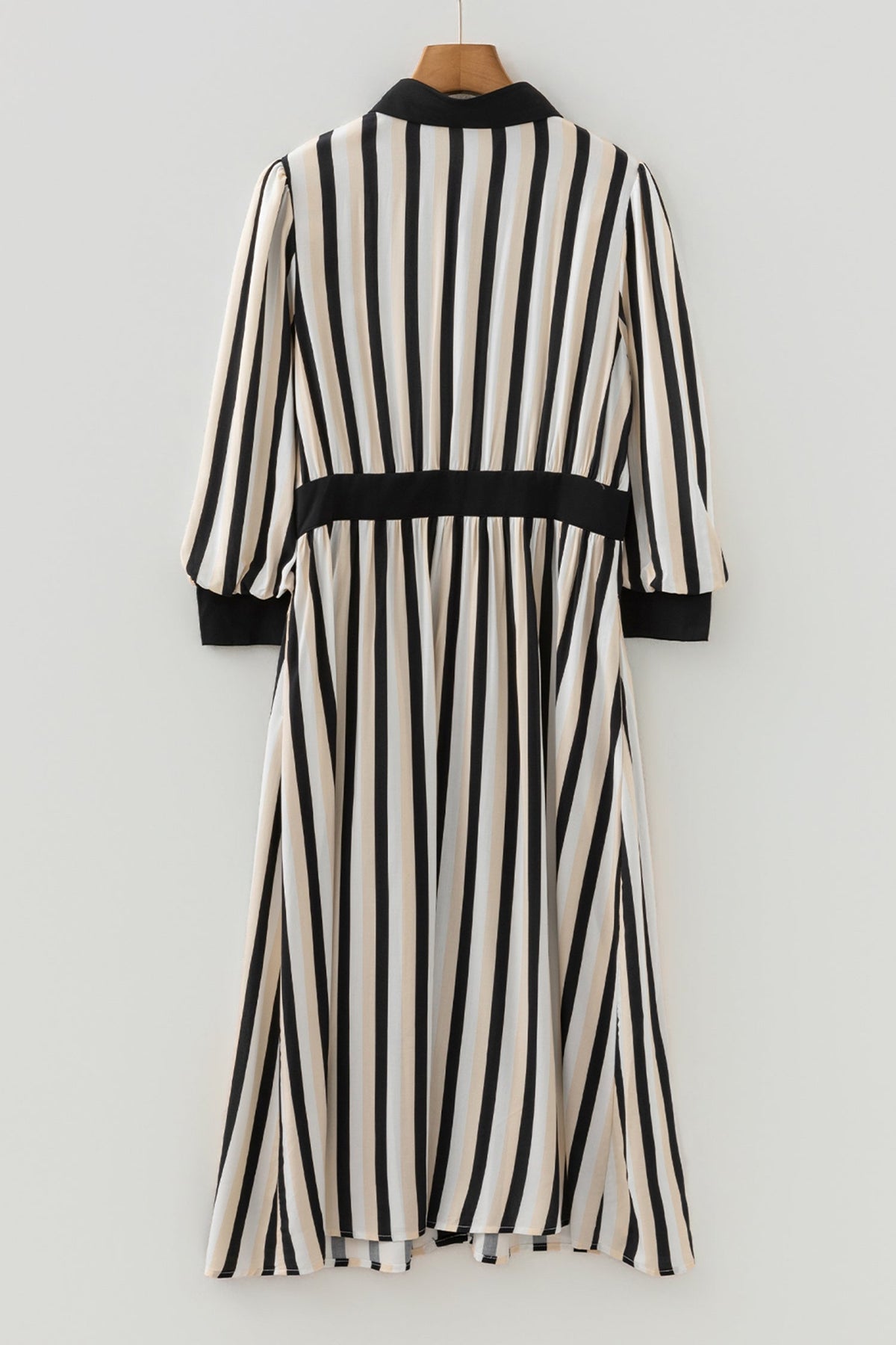 Stripe 3/4 Puff Sleeve Button Midi Dress