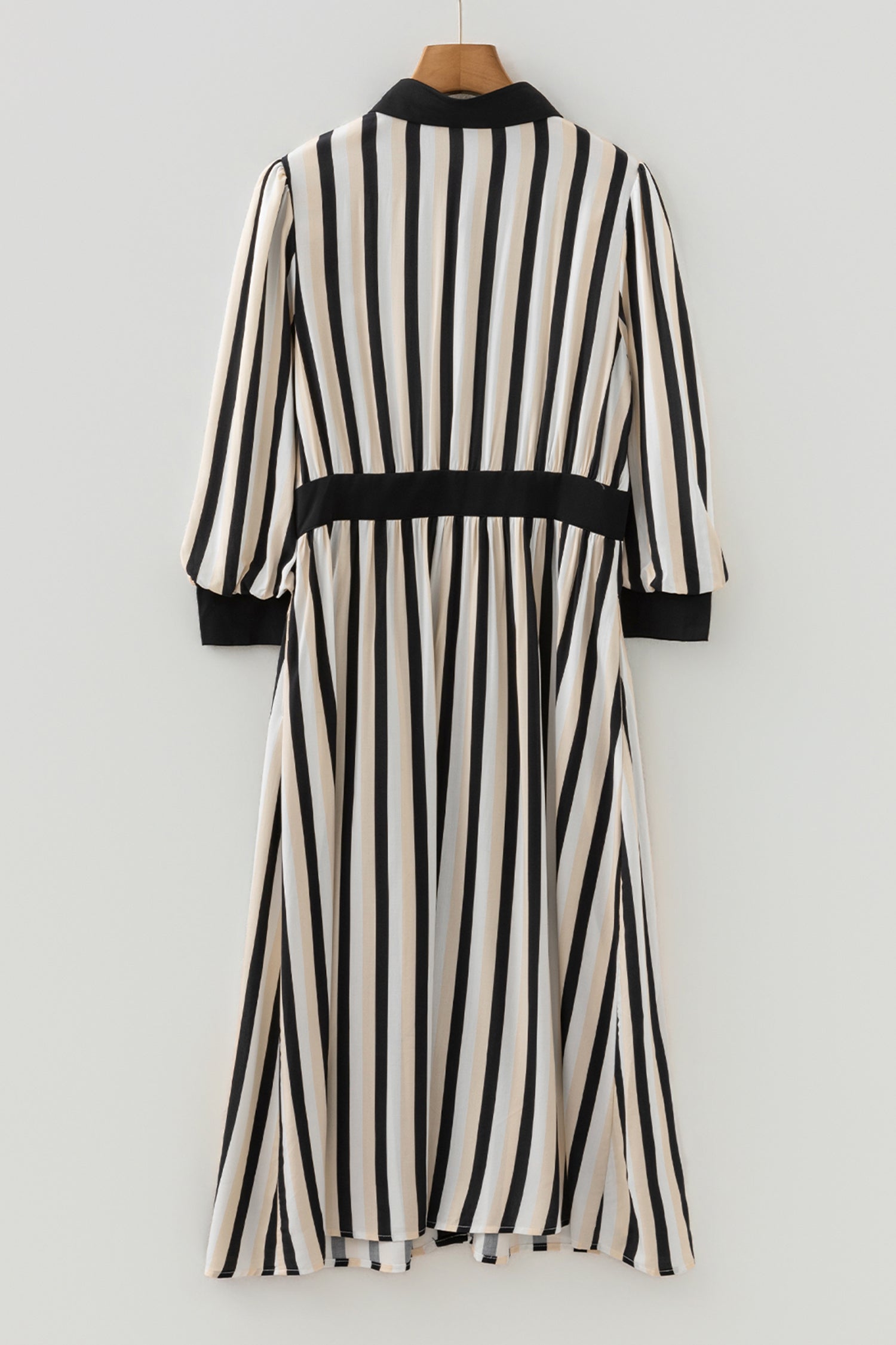 Black Stripe 3/4 Puff Sleeve Button Down Midi Dress