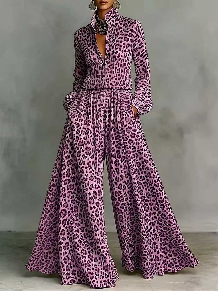 Leopard Print Wide-Leg Pants Set - Bohemian Casual Two-Piece