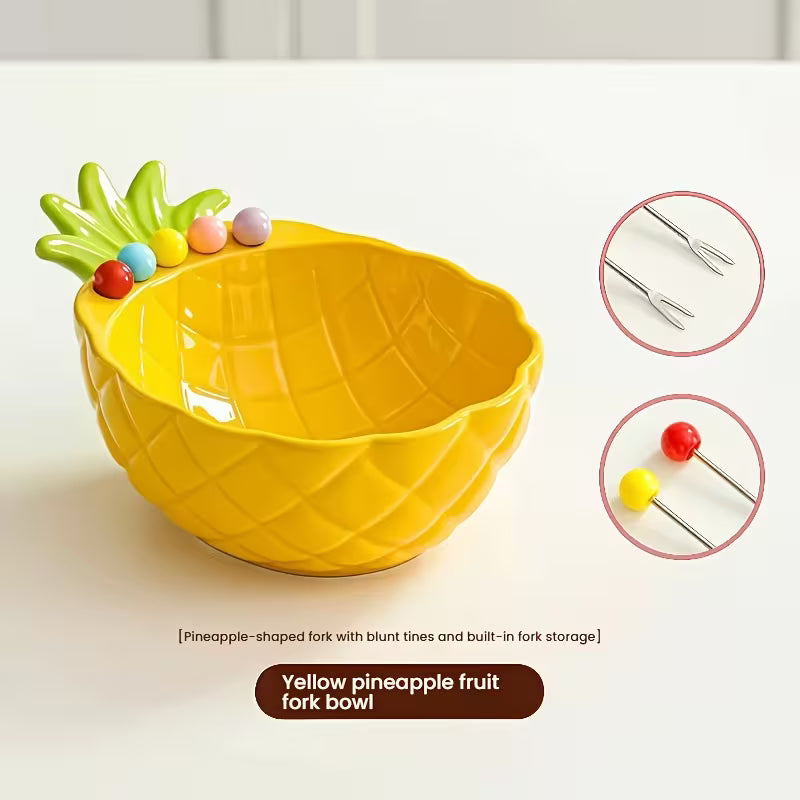 Pineapple-Shaped Ceramic Fruit Bowl with Stainless Steel Fork Set