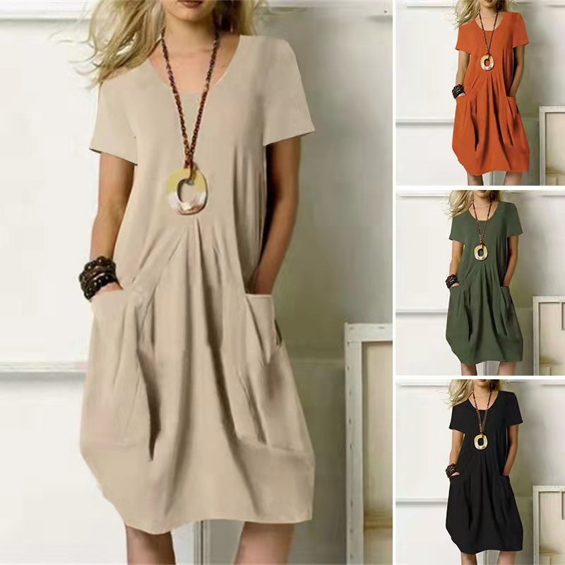 Loose-fitting cotton linen round neck swing dress with splicing details