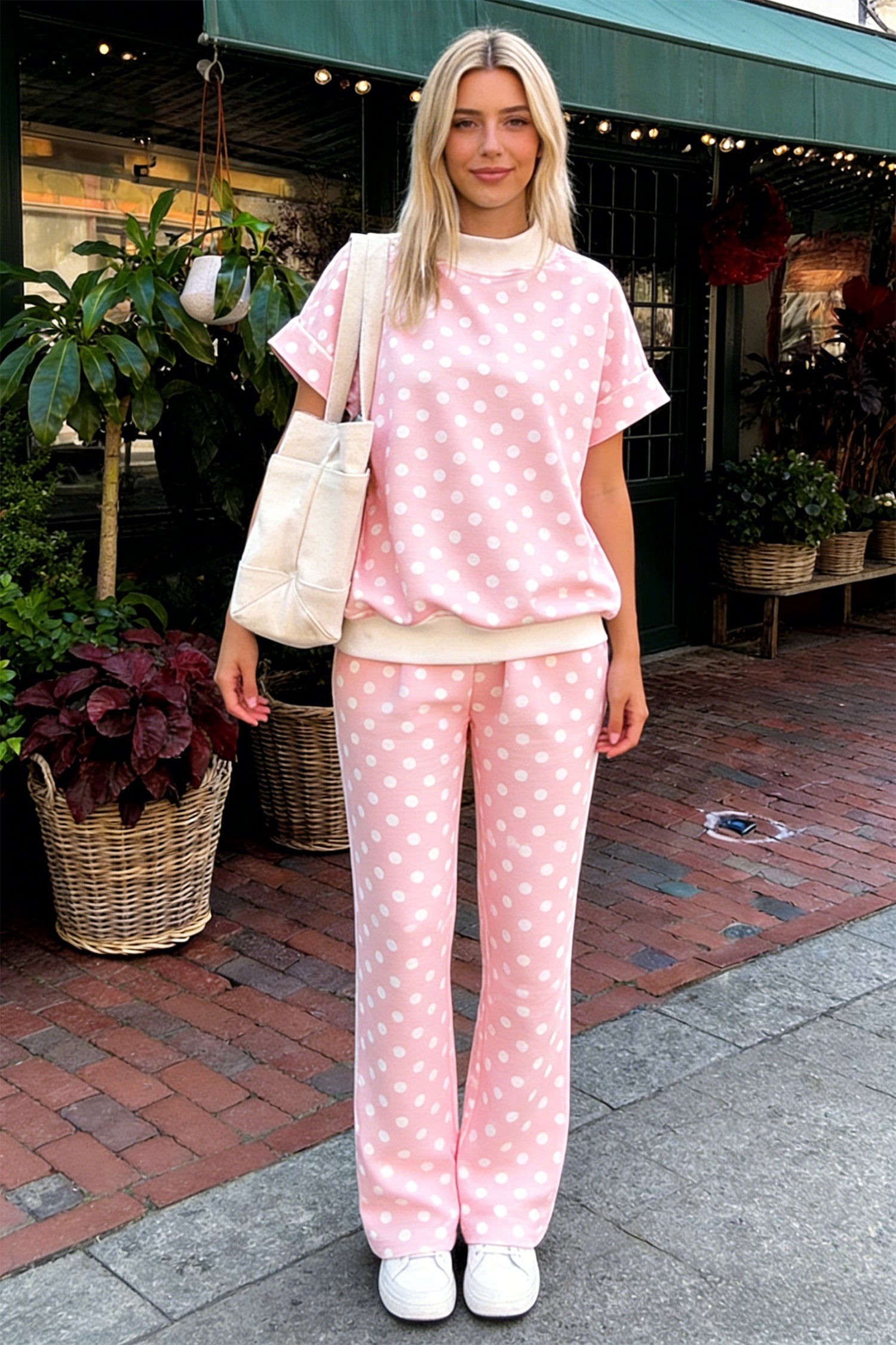 Pink Polka Dot Print Mock Neck Short Sleeve Shift Pant Set