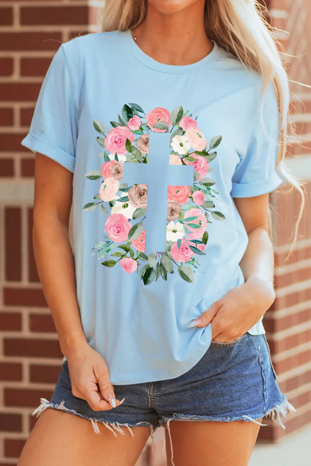 Light Blue Floral Printed Faith Easter Graphic Tee