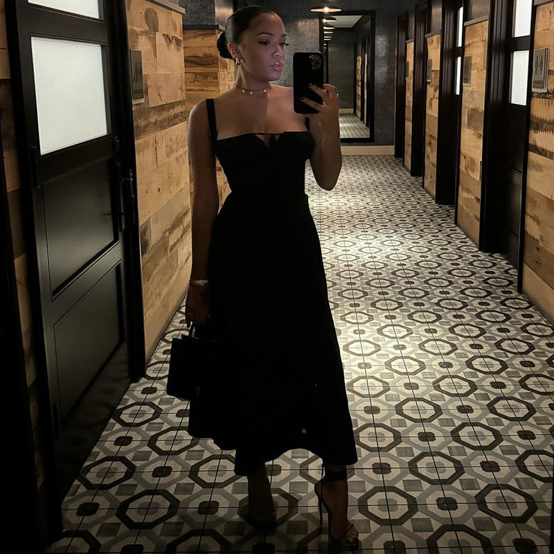 Women’s Solid-Colored Bustier Slit Lace-Up Midi Casual Dress