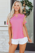 Close up of Wynter Patchwork Loose T Shirt showing waffle knit texture and contrast striped patchwork detail.