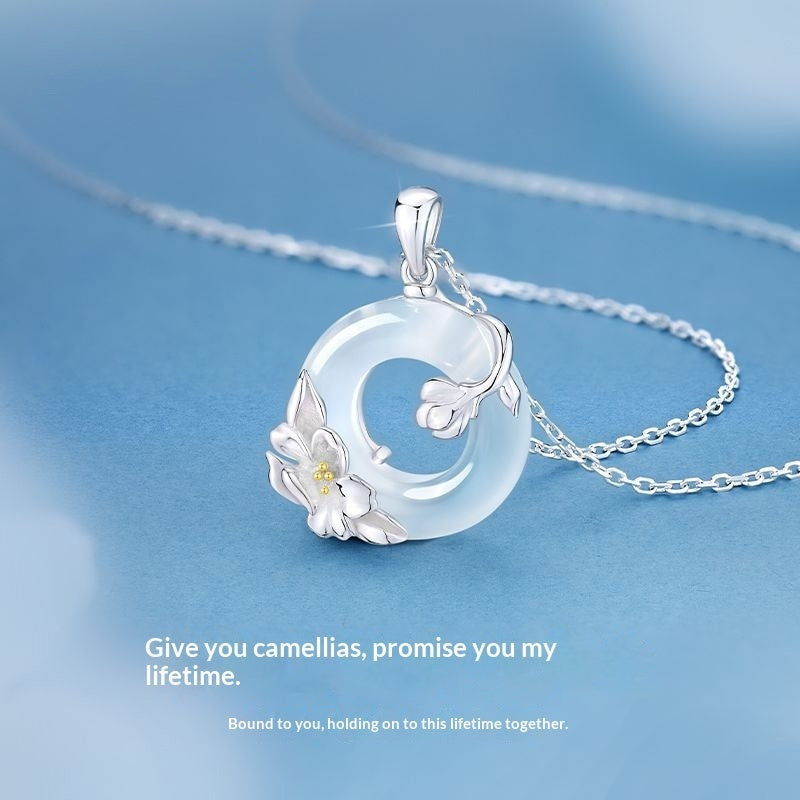 S925 Sterling Silver Camellia Peace-Button Necklace for Women