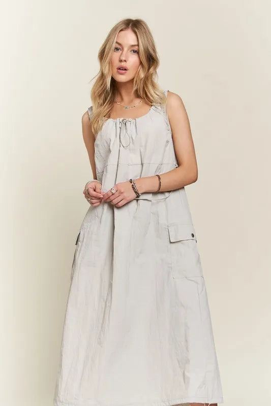 Summer Drawstring Slit Back Cargo Dress in Light Grey & Beige
