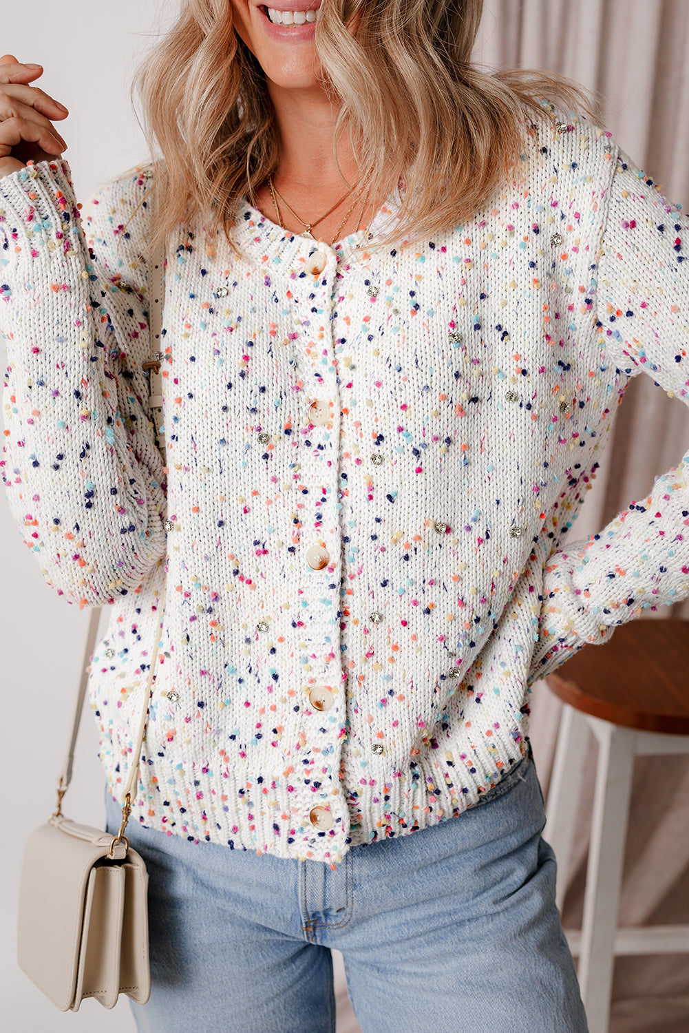 White Rhinestone Confetti Button-Front Cardigan Sweater - Image 4