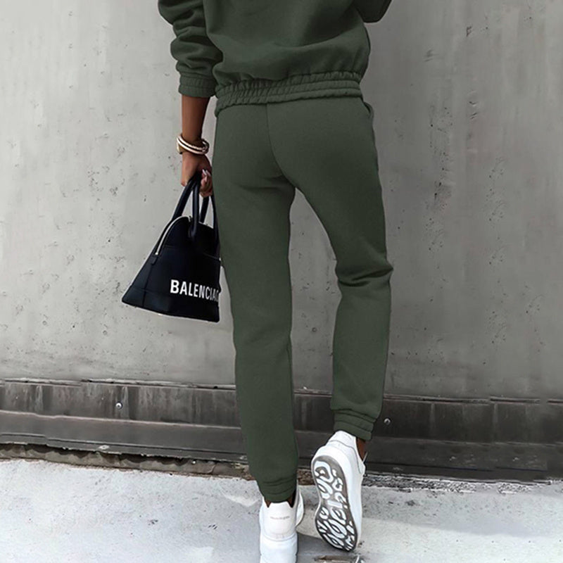 Women's Solid Color Hooded Sweatshirt and Slim Jogger Set - Image 2
