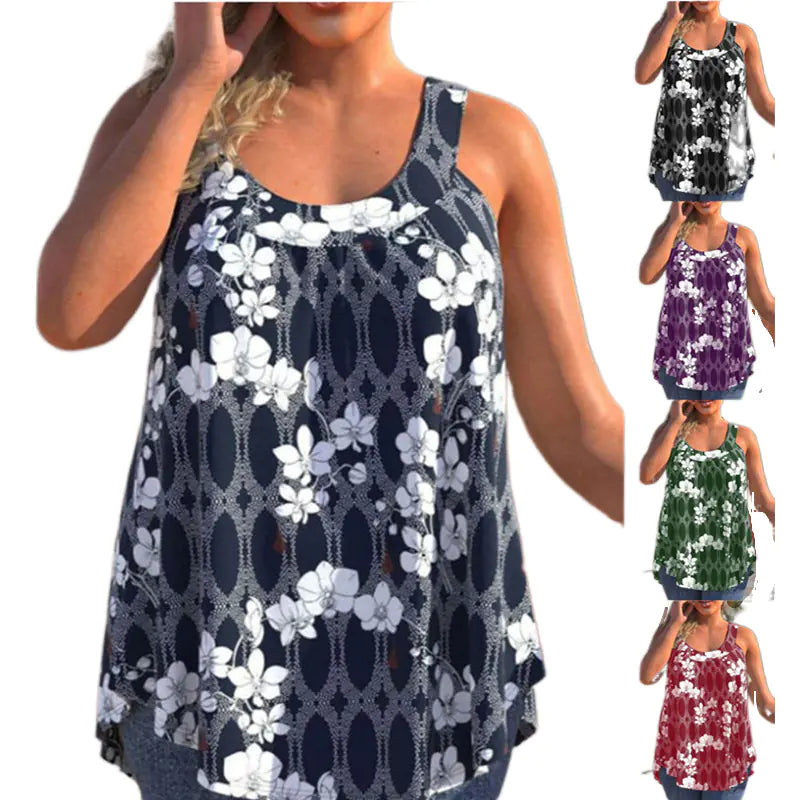 Women Floral Print Round Neck Sleeveless Tank Top Casual Loose - Image 33