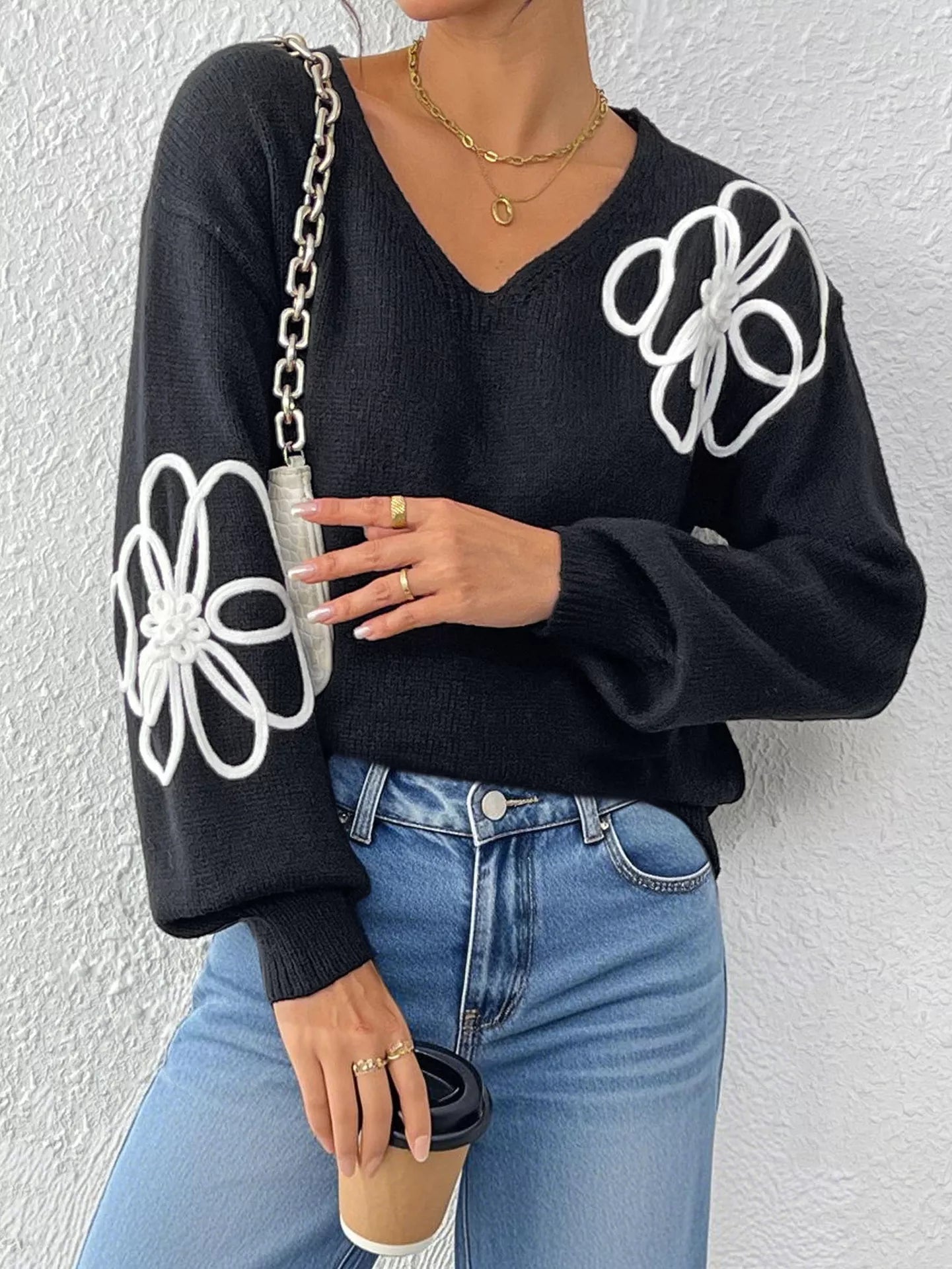 Flower V-Neck Long Sleeve Sweater