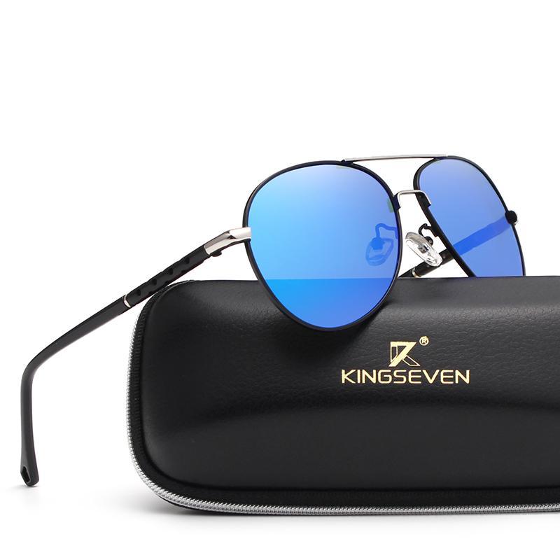 Unisex classic aviation style polarized sunglasses with metal frame and tinted lenses.