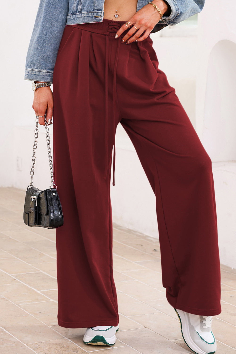 Solid Tied High-Waist Pleated Sweatpants