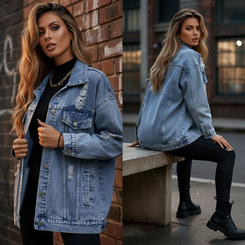 Women's Distressed Boyfriend Denim Jacket