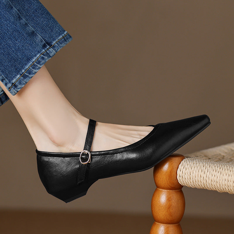 Women's Pointed Toe Mary Jane Flats with Low Square Heel - Image 4