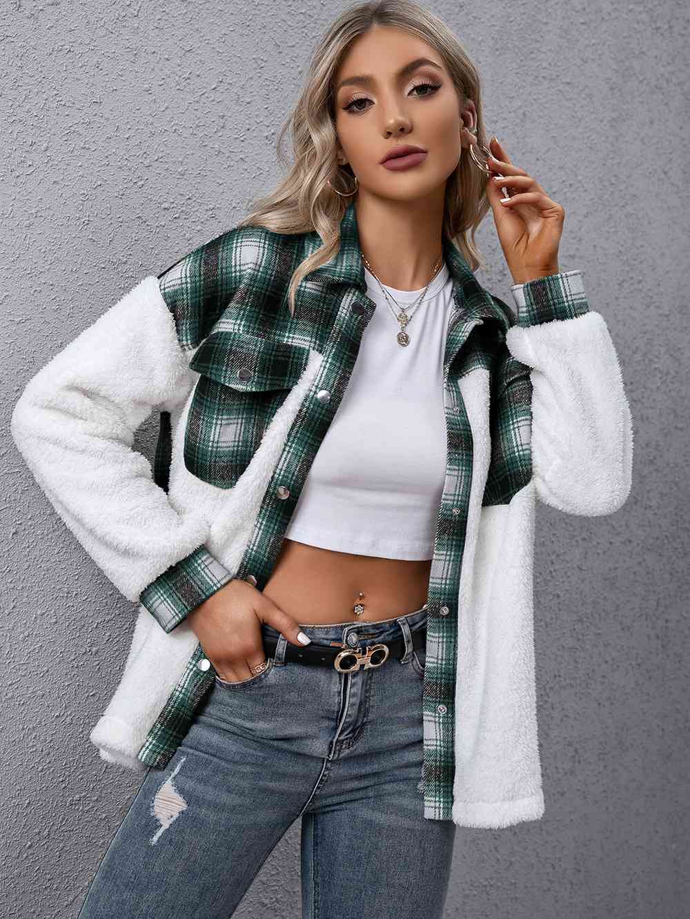 Modern Plaid Collared Button-Down Jacket for Women