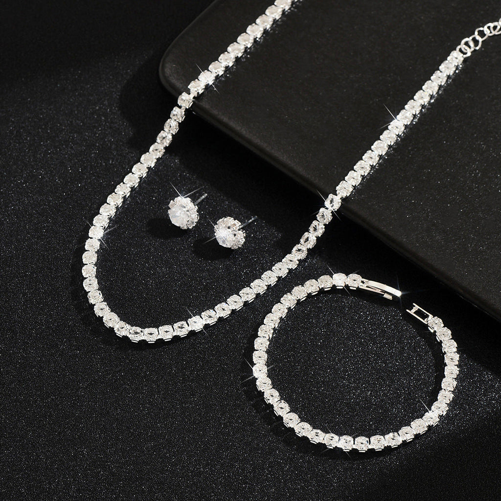 Women 3 Pcs Silver Tone Tennis Rhinestone Jewelry Set,Choker Necklace Stud Earrings Bracelet,Classic Costume Accessories For Daily Wedding Banquet Party Occasion
