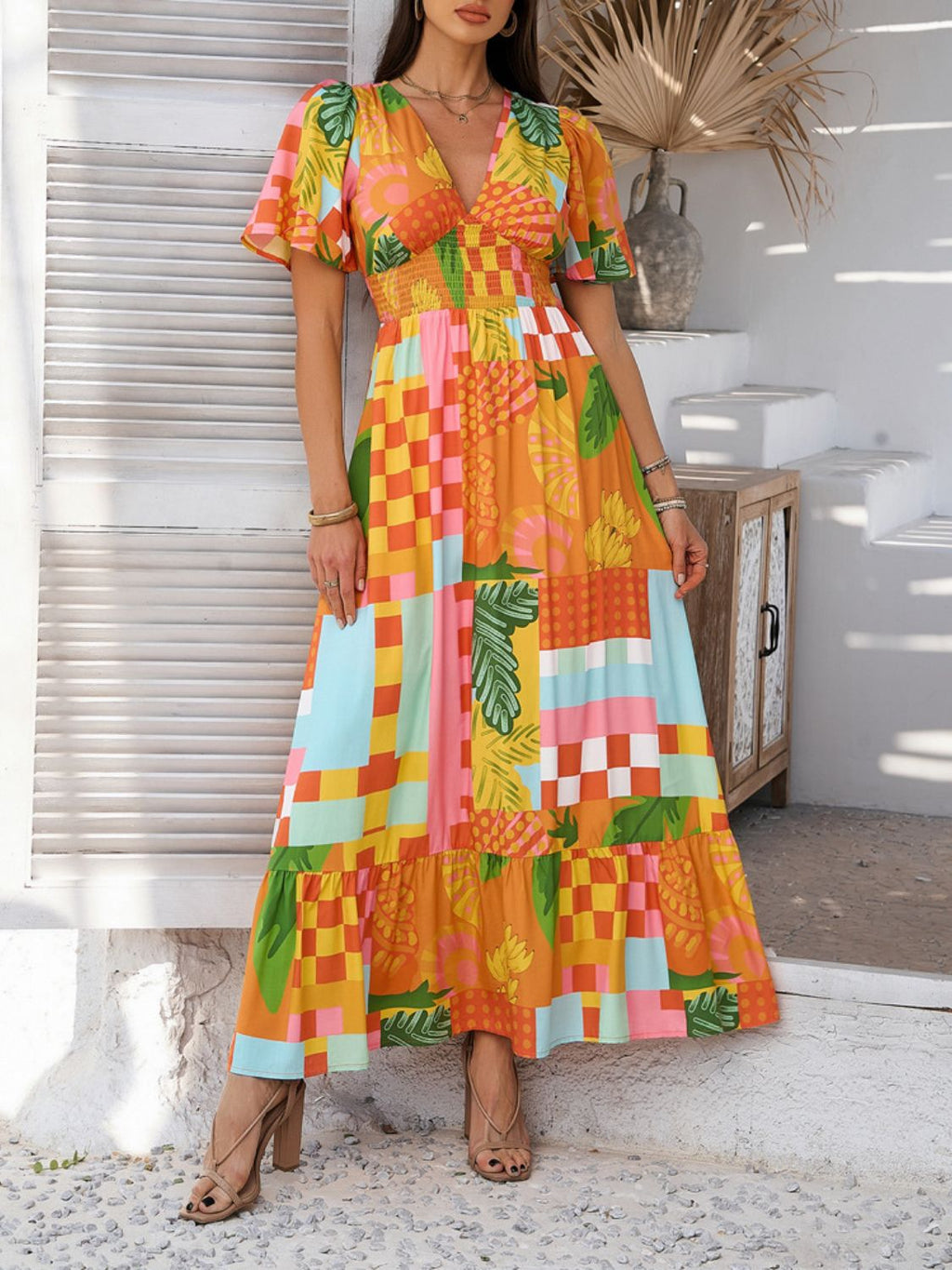 Printed V-Neck Short Sleeve Maxi Dress with Smocked Detail