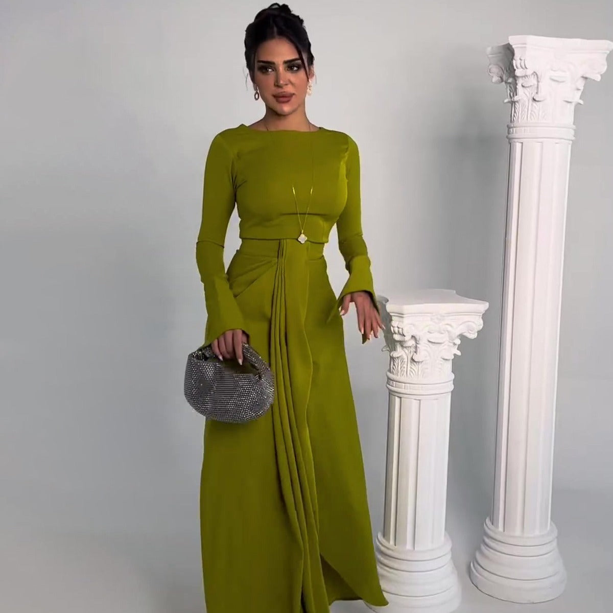 Elegant high-waisted olive green satin long dress for banquet and evening events