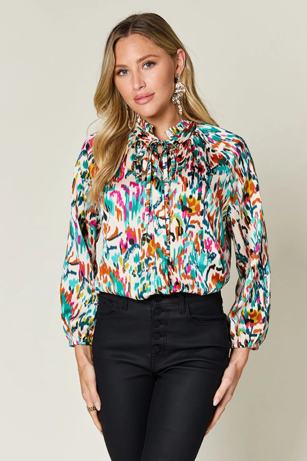 Printed Button Up Long Sleeve Shirt | Satin Bohemian Blouse