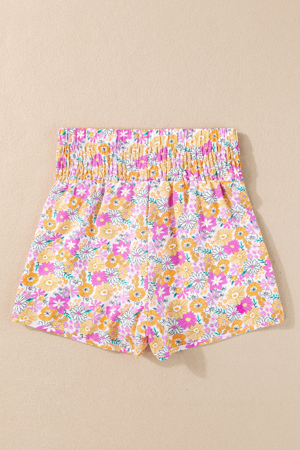 Pink Boho Floral Shirred High Waist Athletic Shorts