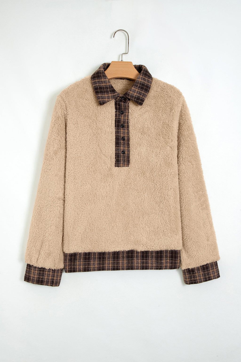 Plaid Patchwork Polo Collar Fleece Sweatshirt