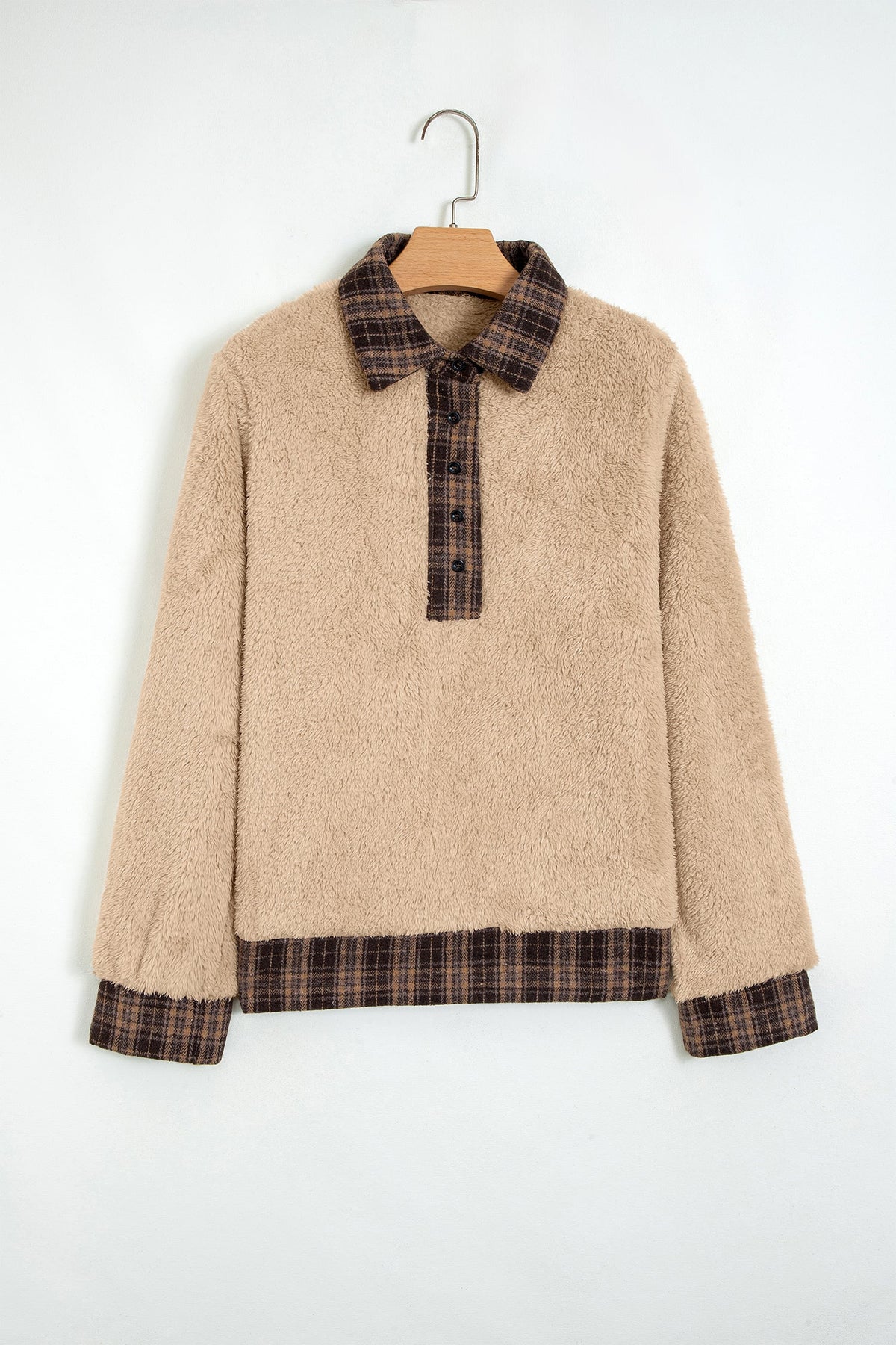 Plaid Patchwork Polo Collar Fleece Sweatshirt