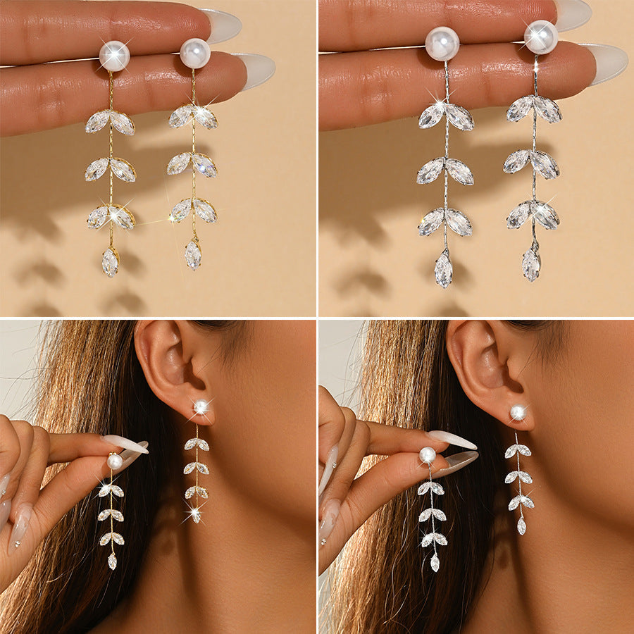 Women Faux Pearl Marquise Leaf Long Drop Earrings, Gold Rhodium Two Tone Plated Dainty Bridal Dangling Earrings For Wedding Party Valentine Daily Gift