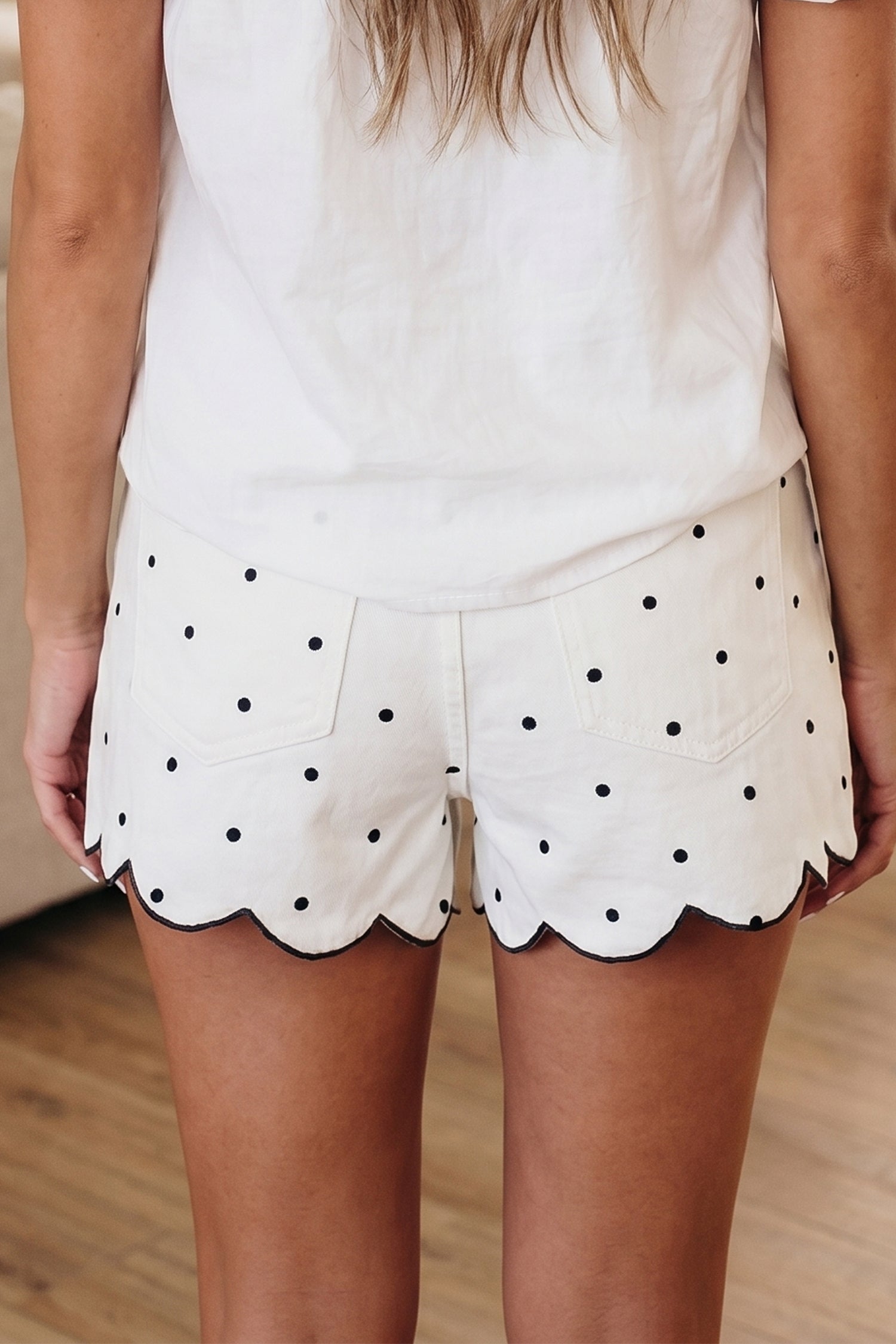 Elise Embroidered Polka Dot Scallop Hem Denim Shorts