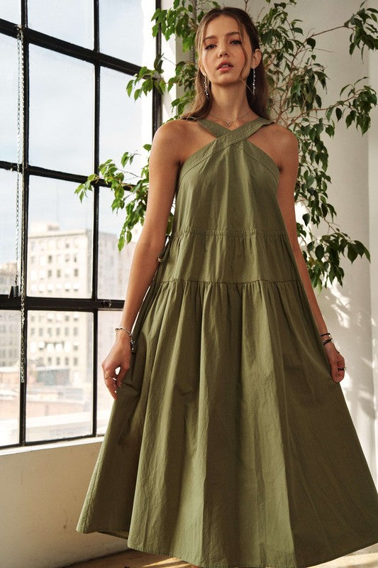 Crisscross Wide Strap Drawstring Midi Dress for Summer