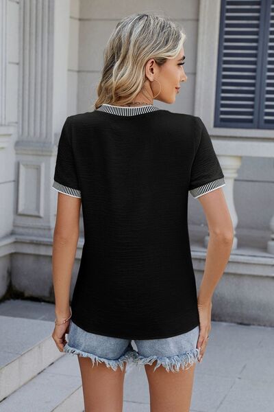 Women's Black Contrast Trim Short Sleeve Crew Neck T-Shirt - Image 3